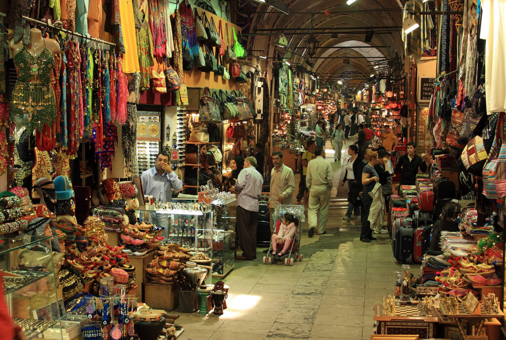 various textile shopping stalls in Grand Bazaar Istanbul