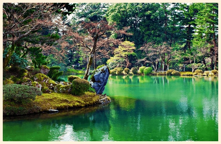 lake with flowers in kanazawa japan